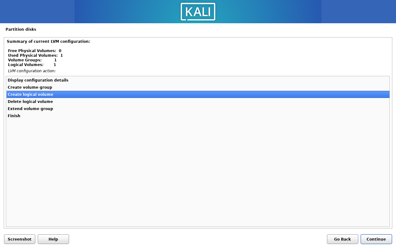 Create logical volume root 1